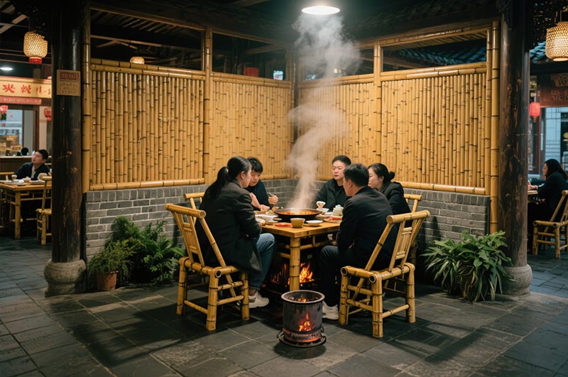 采用竹、木、青磚等傳統(tǒng)材質(zhì)的火鍋店裝修效果圖