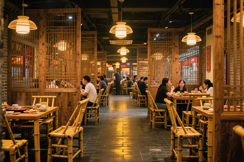 采用竹、木、青磚等傳統(tǒng)材質(zhì)的火鍋店裝修效果圖